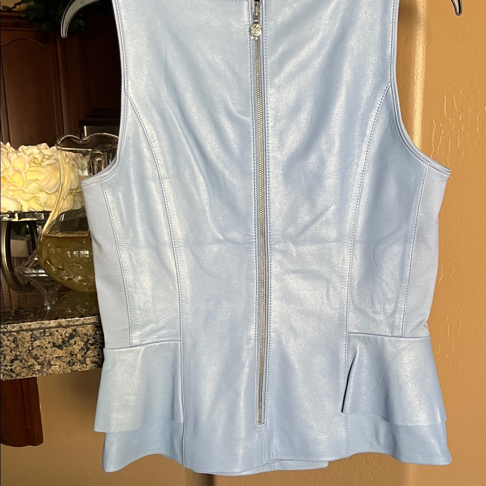 White House Black Market Leather Light Blue Sleeveless Top - Picture 2 of 5